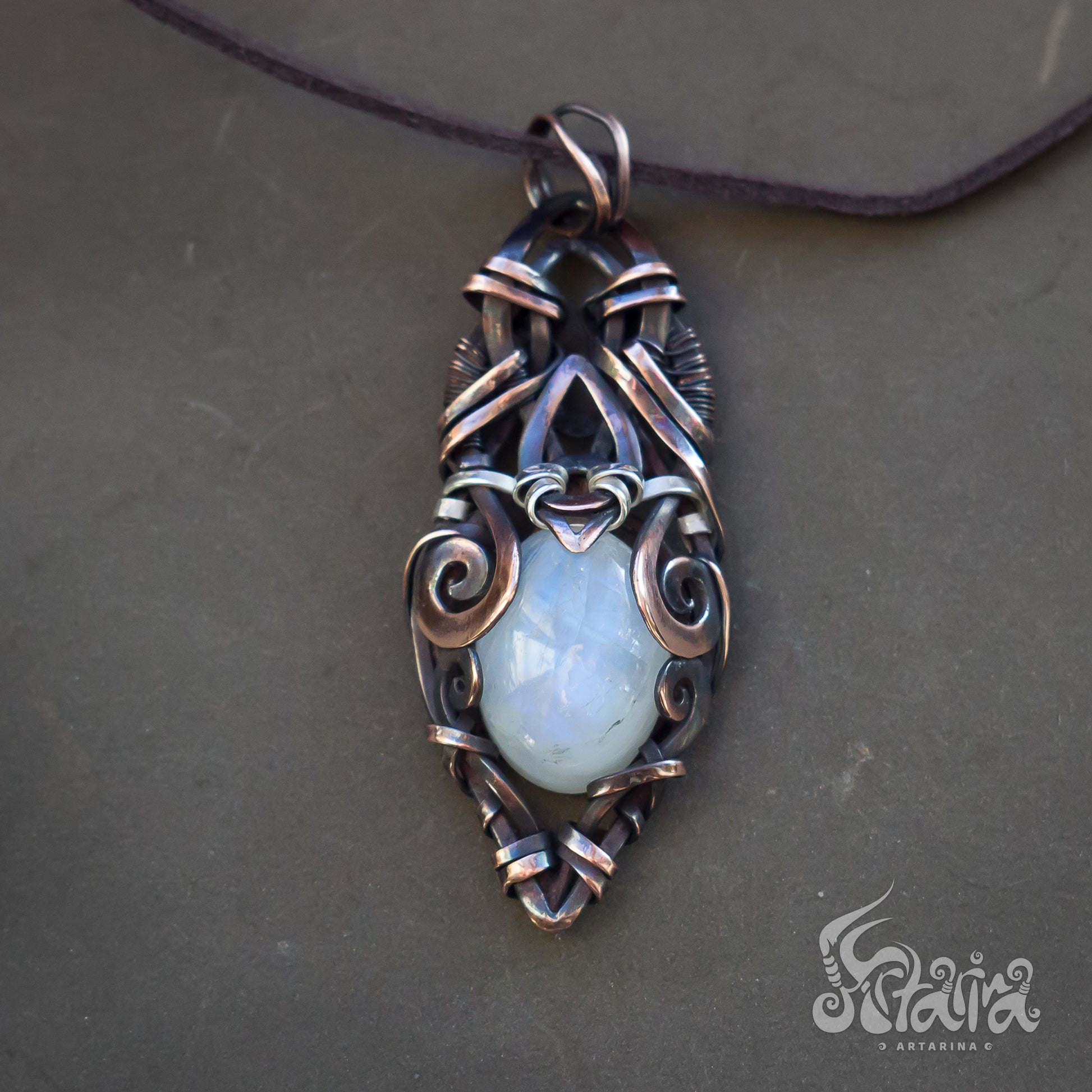 Moonstone and Copper Rustic pendant Alternative jewelry | New age jewelry | Wire weaved unique pendant necklace