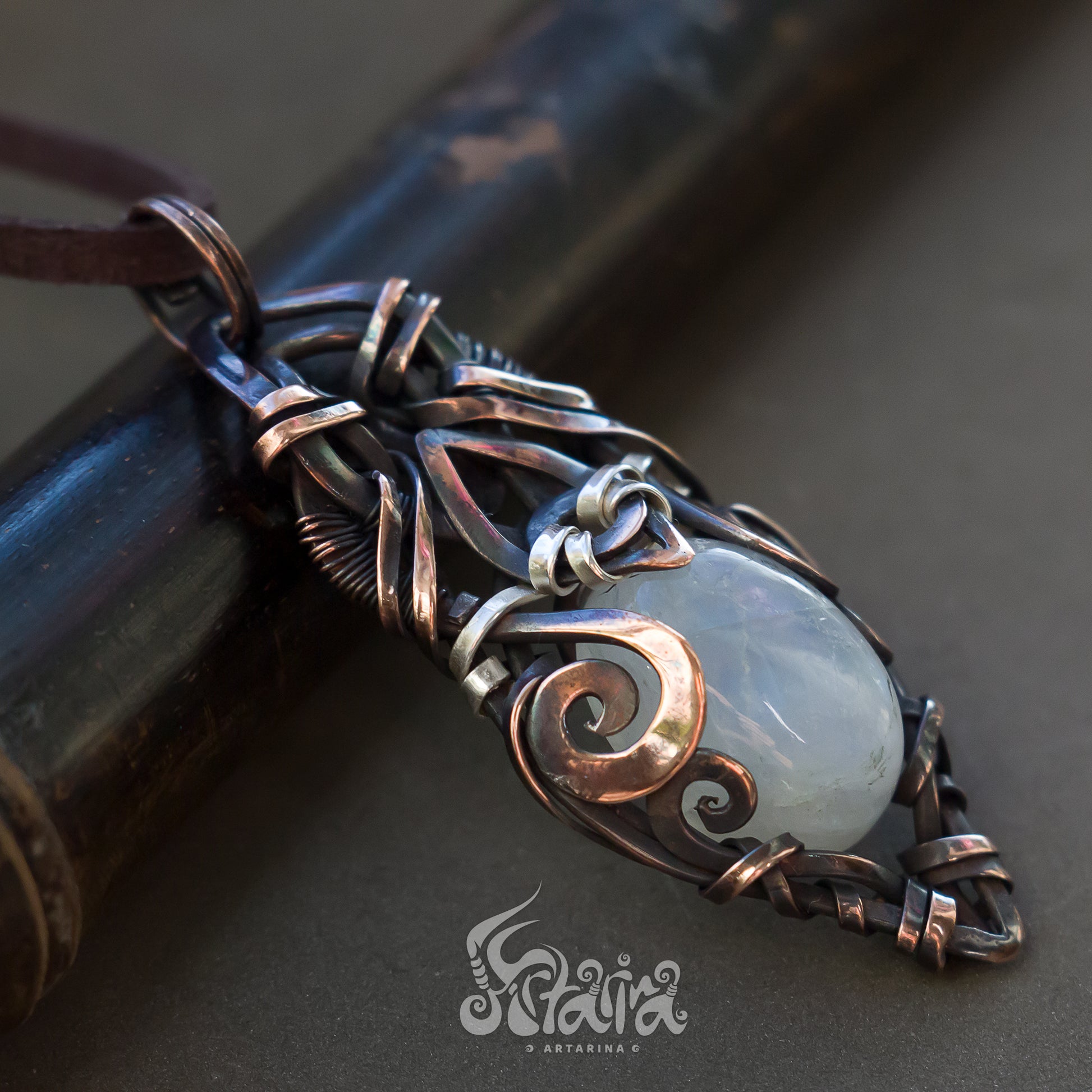 Moonstone and Copper Rustic pendant Alternative jewelry | New age jewelry | Wire weaved unique pendant necklace