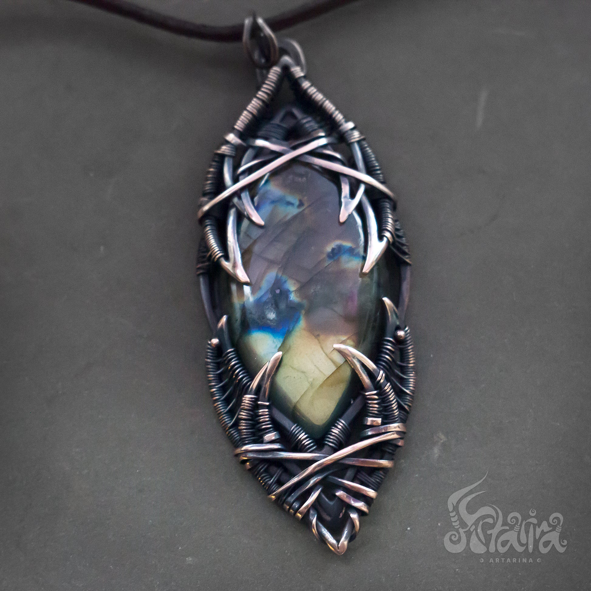 Large statement stone pendant | Bold Unique handcrafted orange labradorite necklace