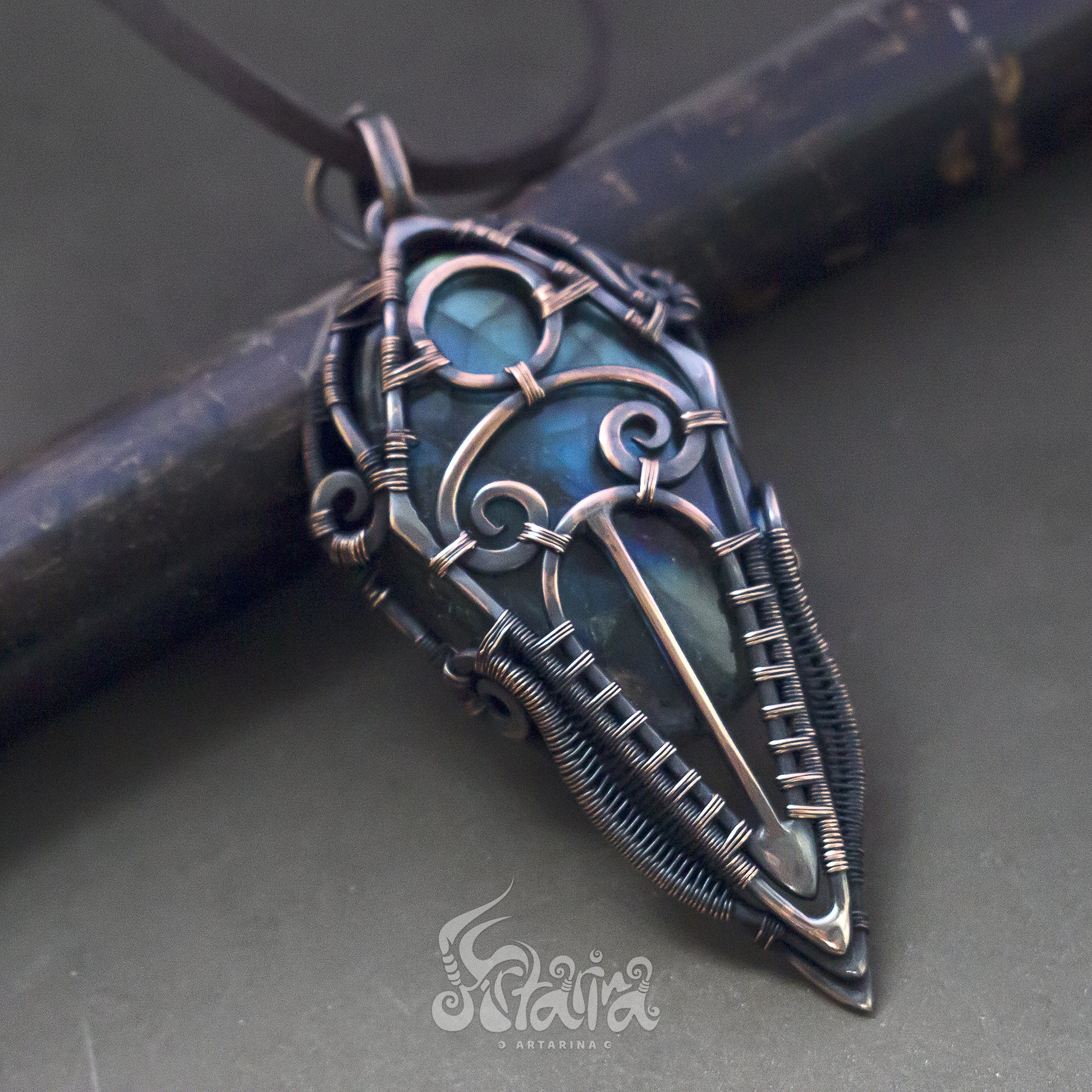 Wire wrapped jewelry for men. Intricate filigree hand weaved pendant with blue and green stone. Dark brown patina freeform necklace