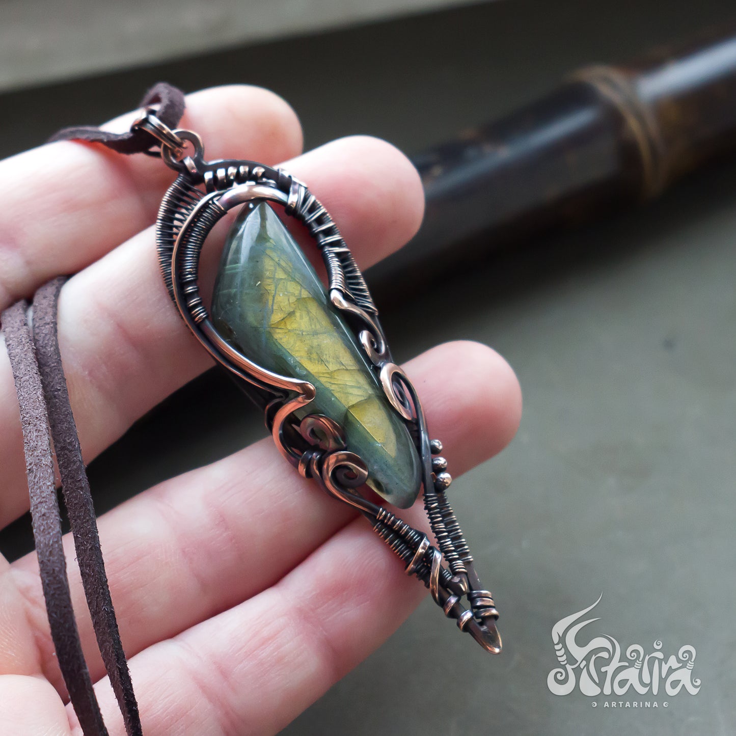 Wire wrapped jewelry Intricate filigree hand weaved pendant with green stone. Dark brown patina freeform necklace