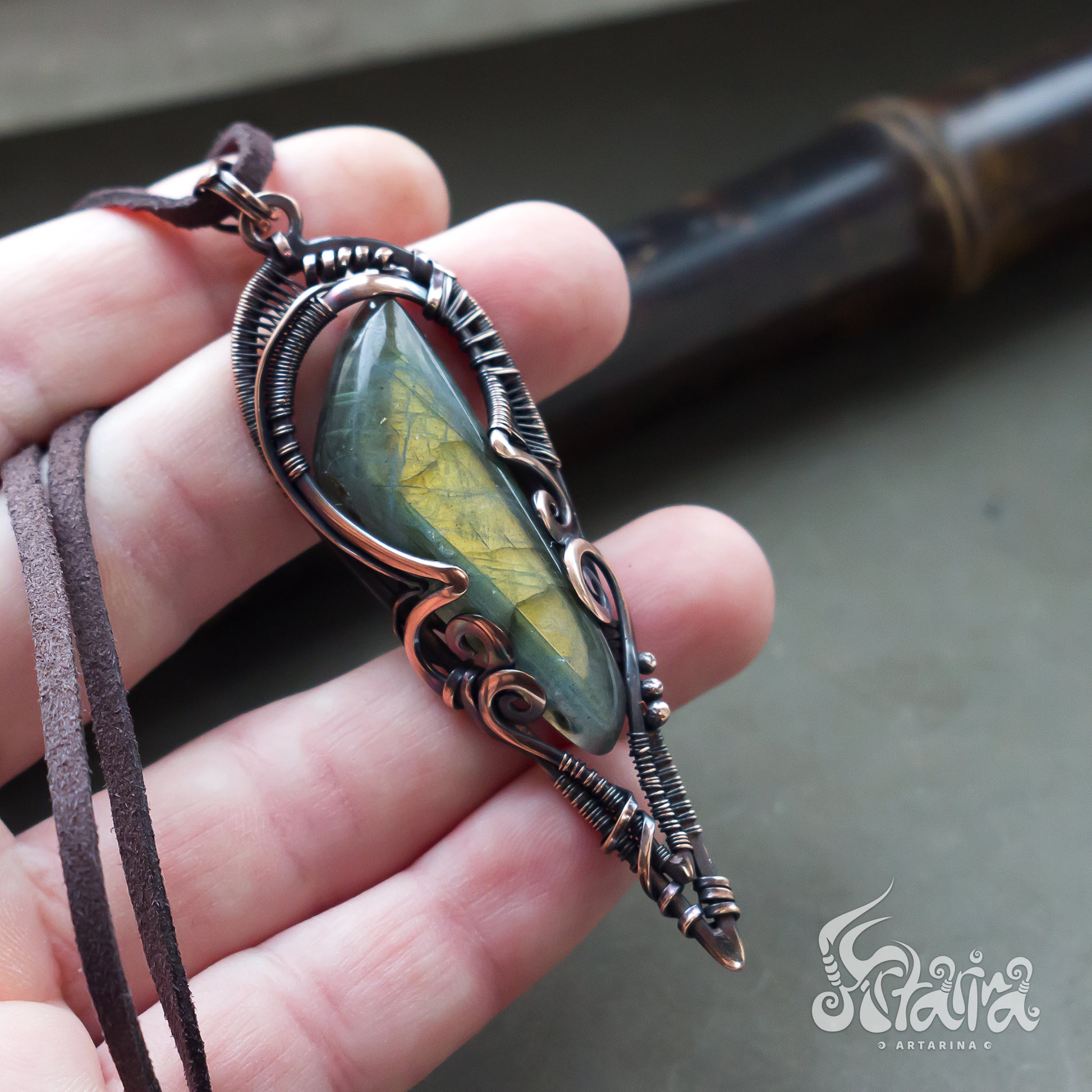 Wire wrapped jewelry Intricate filigree hand weaved pendant with green stone. Dark brown patina freeform necklace