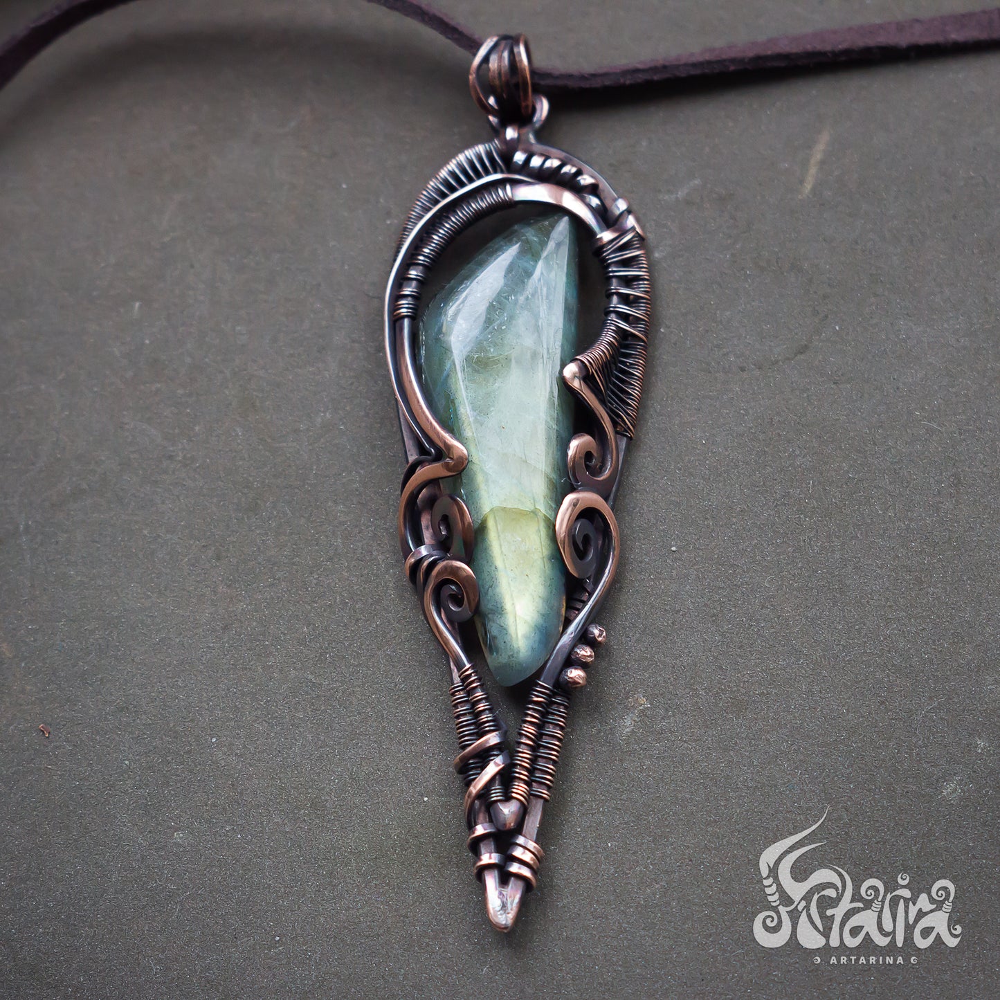 Wire wrapped jewelry Intricate filigree hand weaved pendant with green stone. Dark brown patina freeform necklace