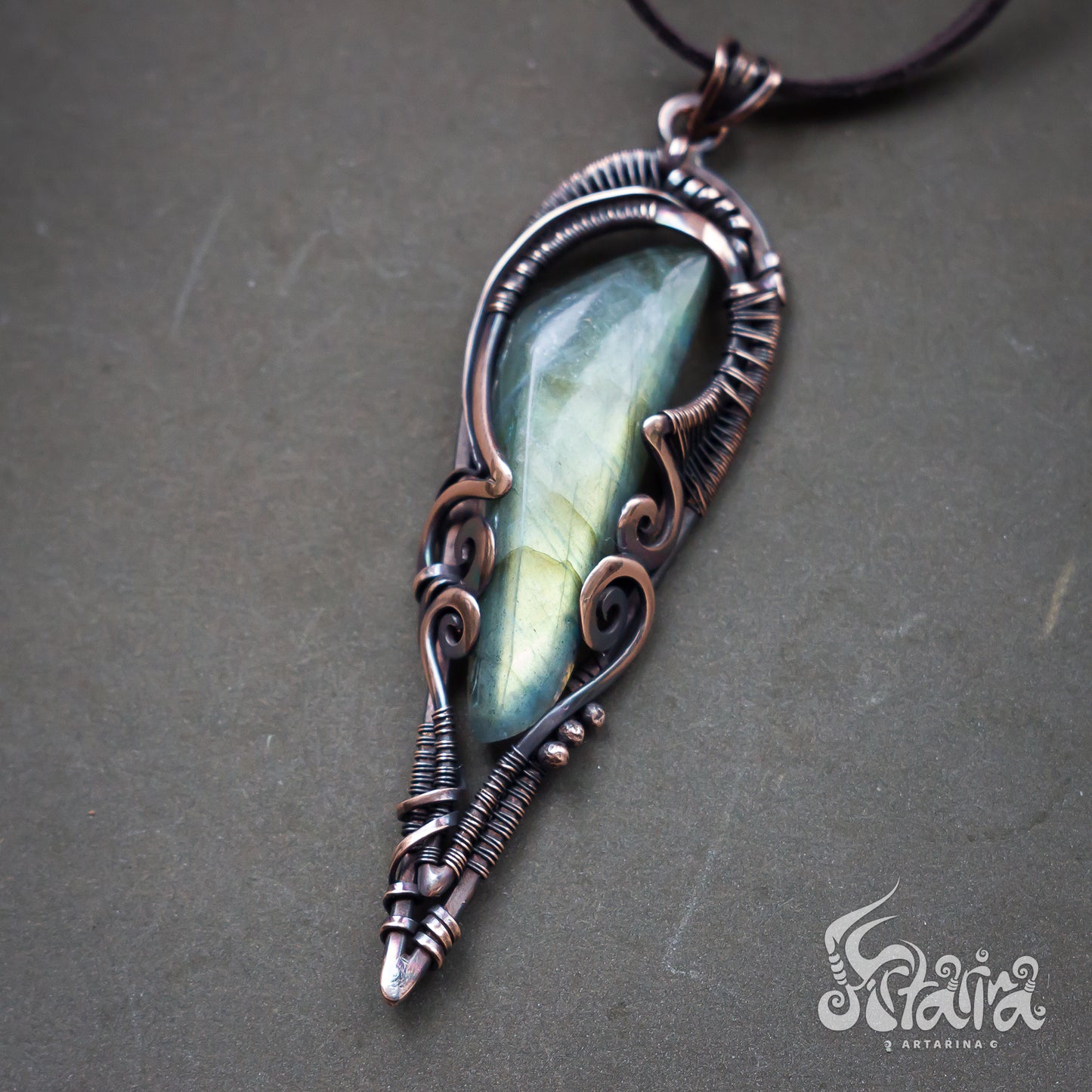 Wire wrapped jewelry Intricate filigree hand weaved pendant with green stone. Dark brown patina freeform necklace