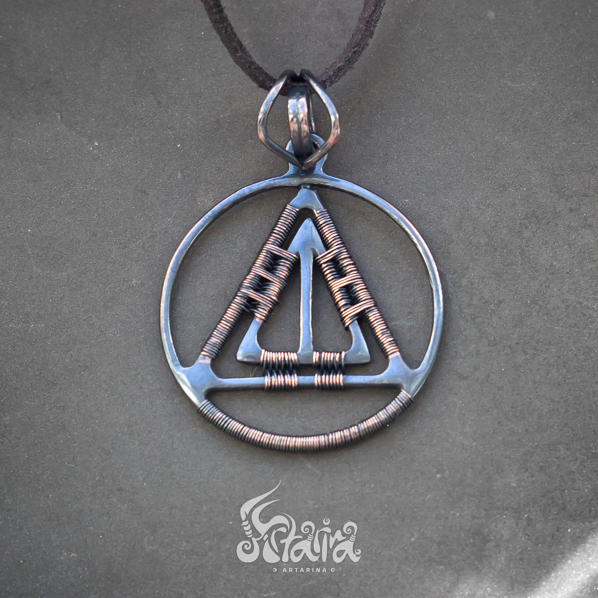 Triangle and circle pendant | Sacred geometry wire handcrafted unique jewelry | Symbolical round patinated copper necklace | Artarina