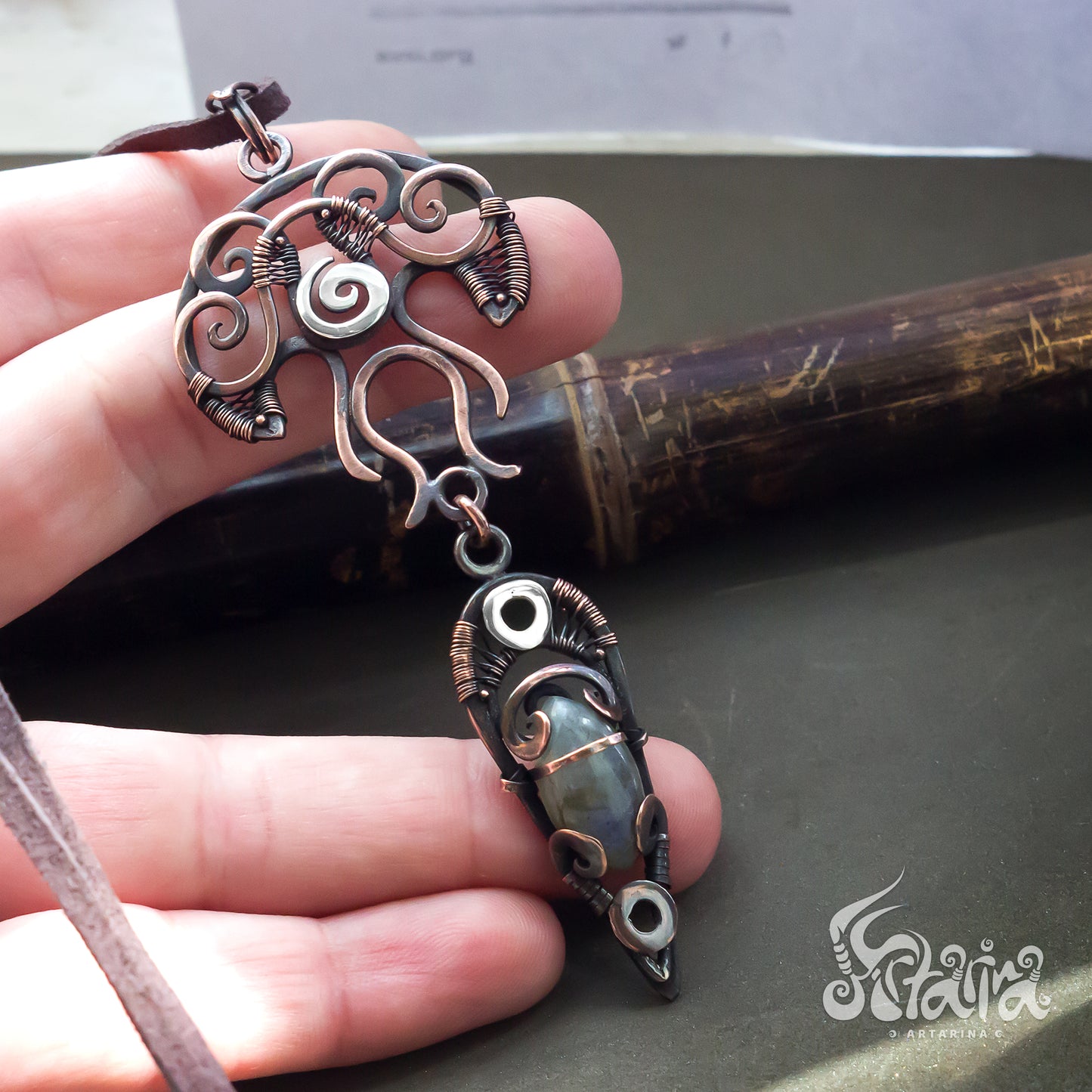 Long pendant necklace | Striking and fashionable piece of futuristic jewelry Rustic copper long large necklace with blue labradorite stone