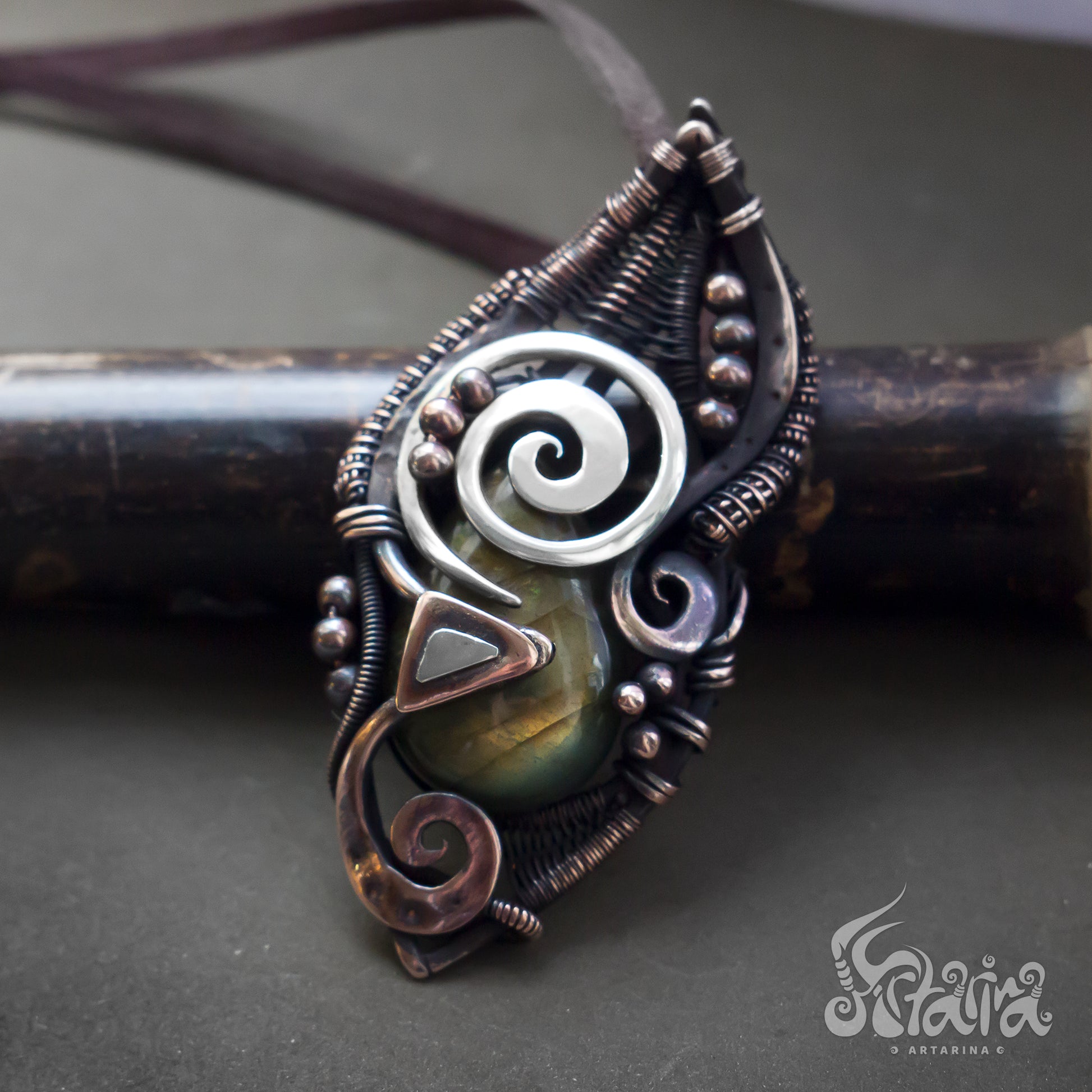 Heady wire wrapped pendant | Unique copper and silver hand forged creative jewelry | Complex design jewelry