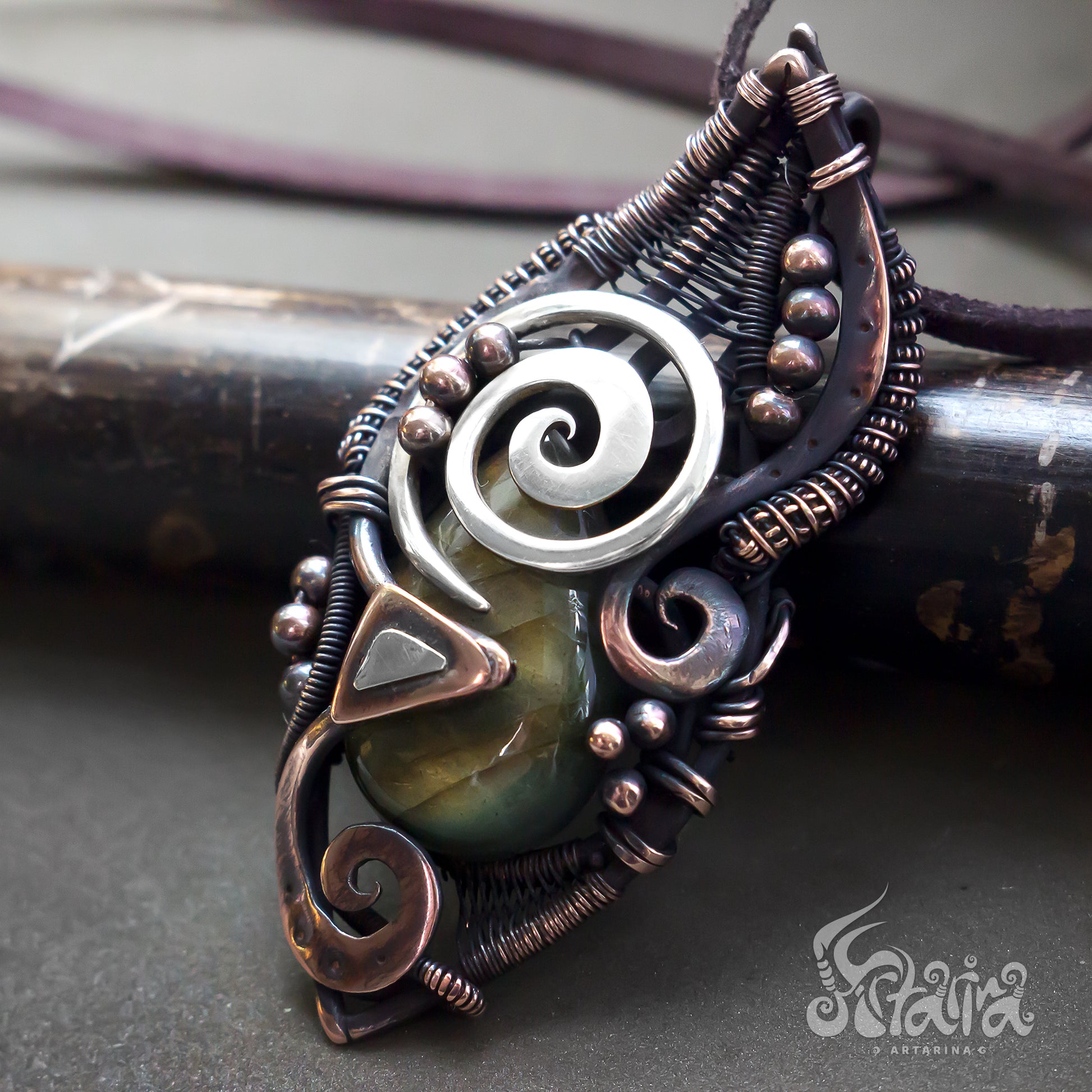 Heady wire wrapped pendant | Unique copper and silver hand forged creative jewelry | Complex design jewelry