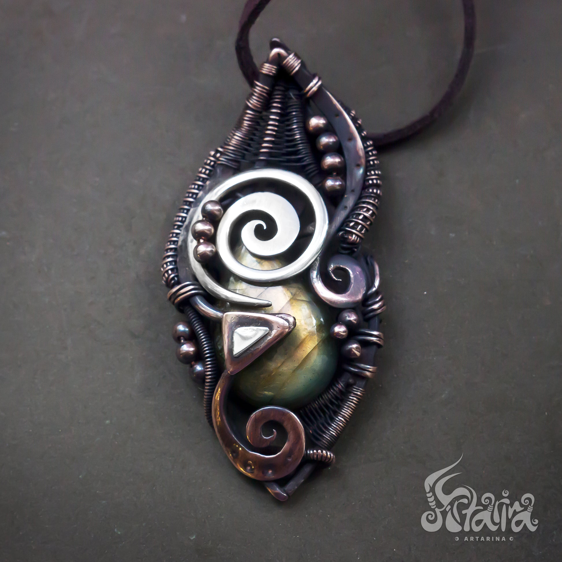 Heady wire wrapped pendant | Unique copper and silver hand forged creative jewelry | Complex design jewelry