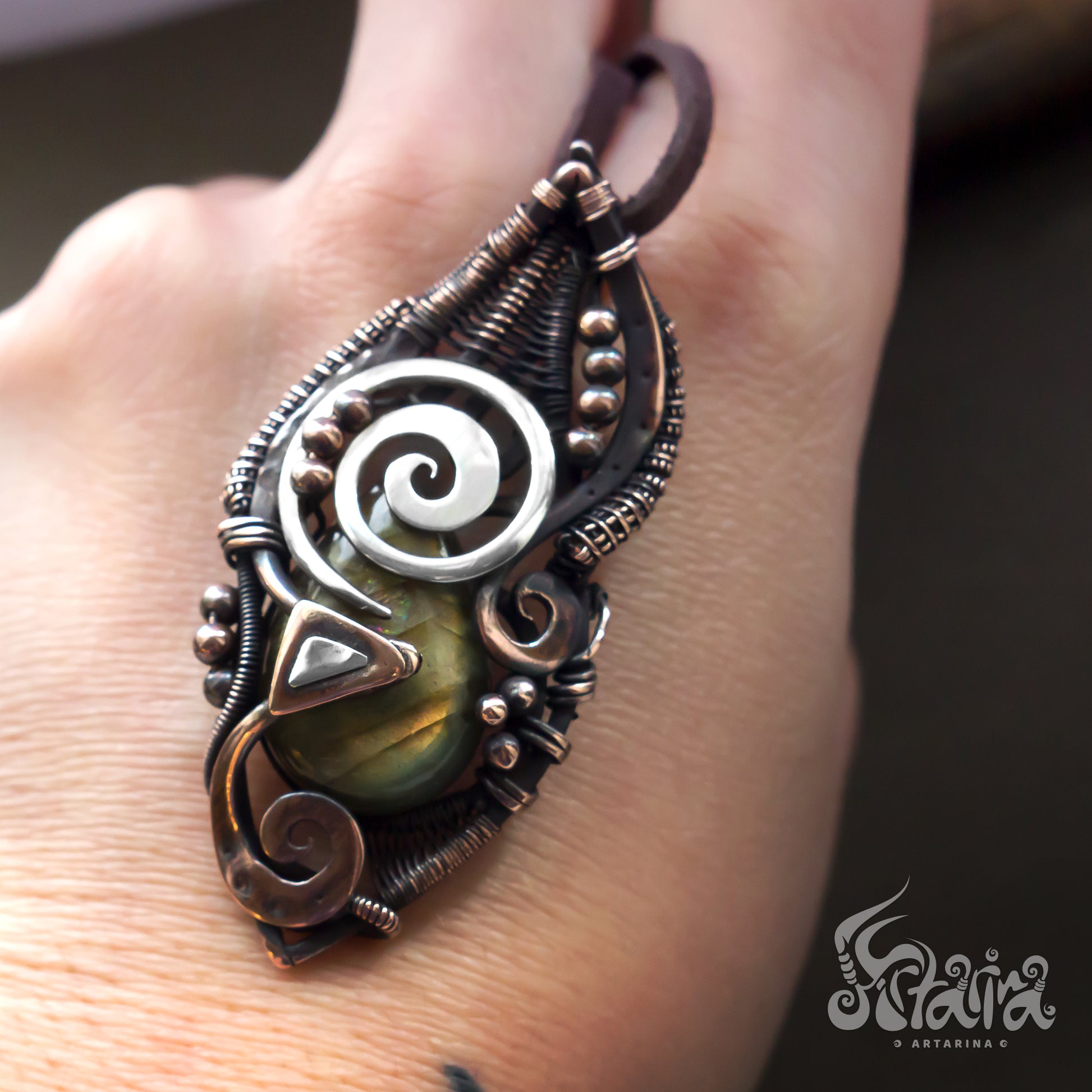 Heady wire wrapped pendant | Unique copper and silver hand forged creative jewelry | Complex design jewelry