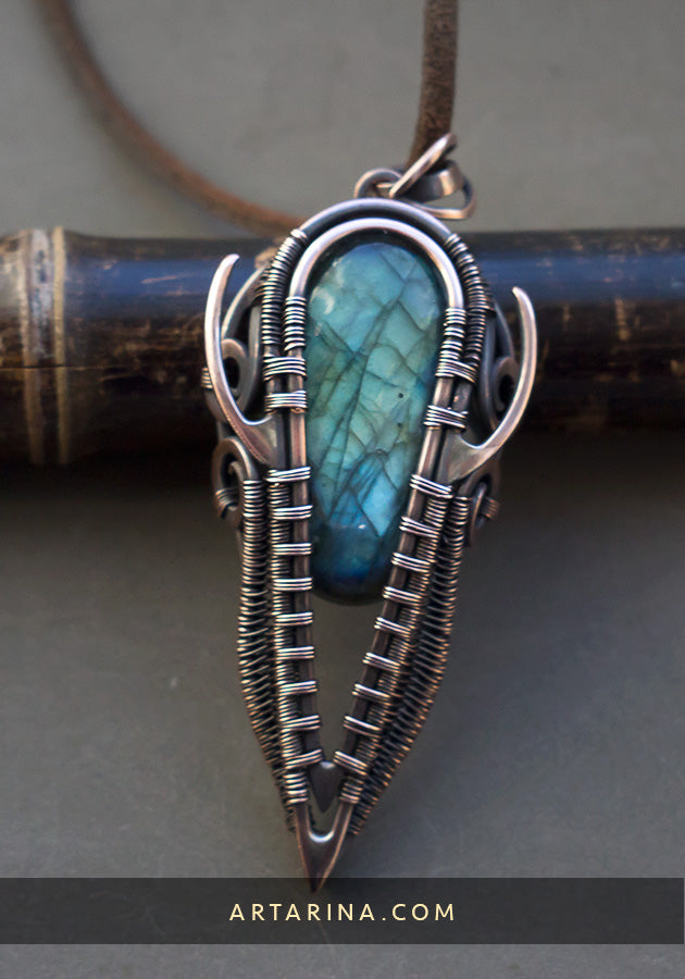 mens labradorite necklace. Statement heady wire wrap pendant