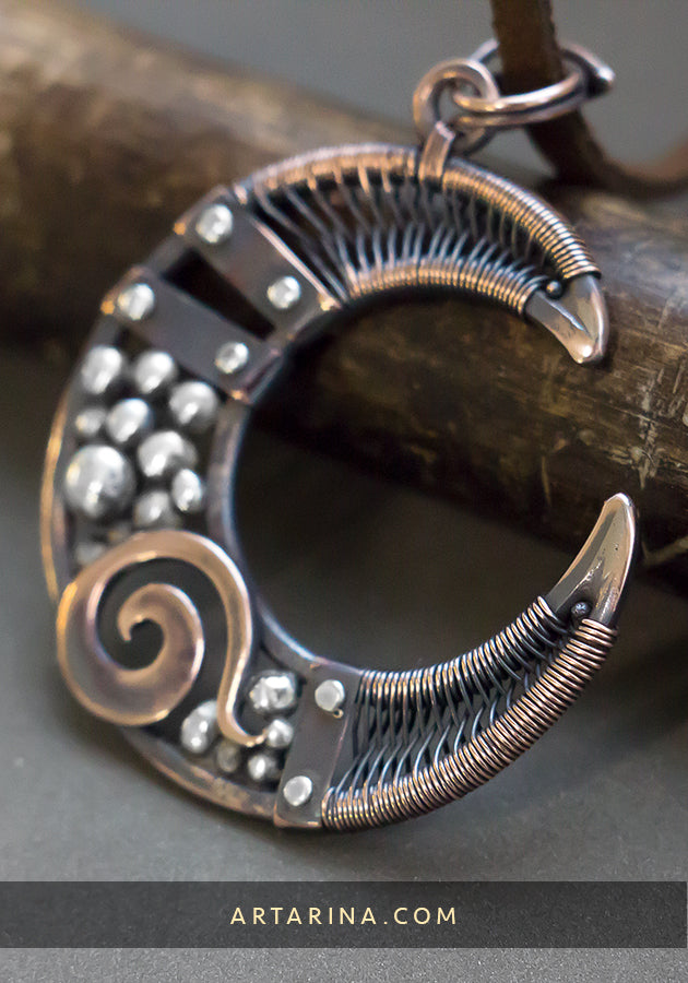wire wrap moon pendant mixed metal