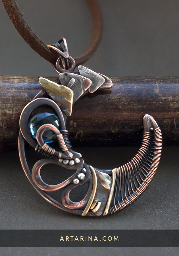 London blue quartz wire wrapped moon pendant