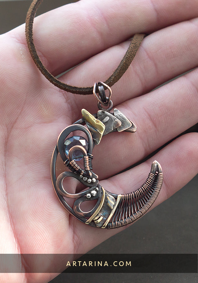 Wire wrapped moon pendant