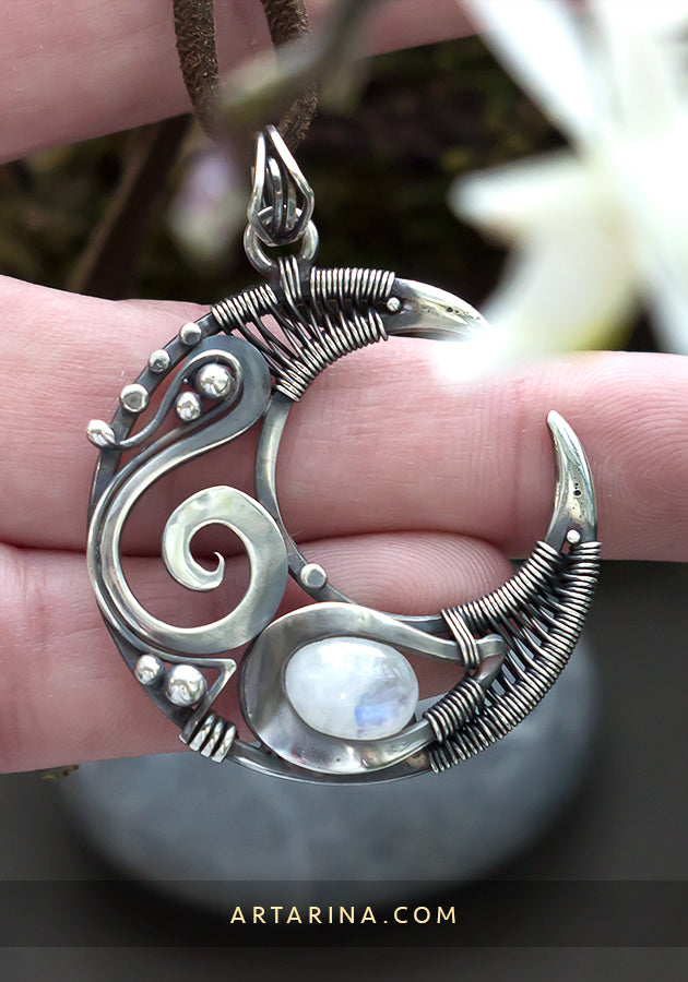 Silver pendant wire wrapped moon necklace