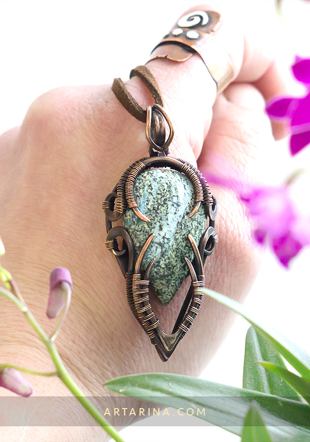 Wire wrapped green jasper