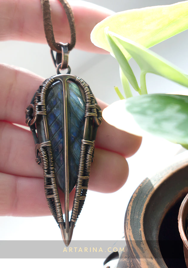 Carved labradorite wire wrap pendant