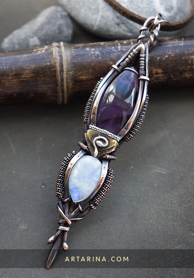 Heady wire wrapped amethyst moonstone pendant