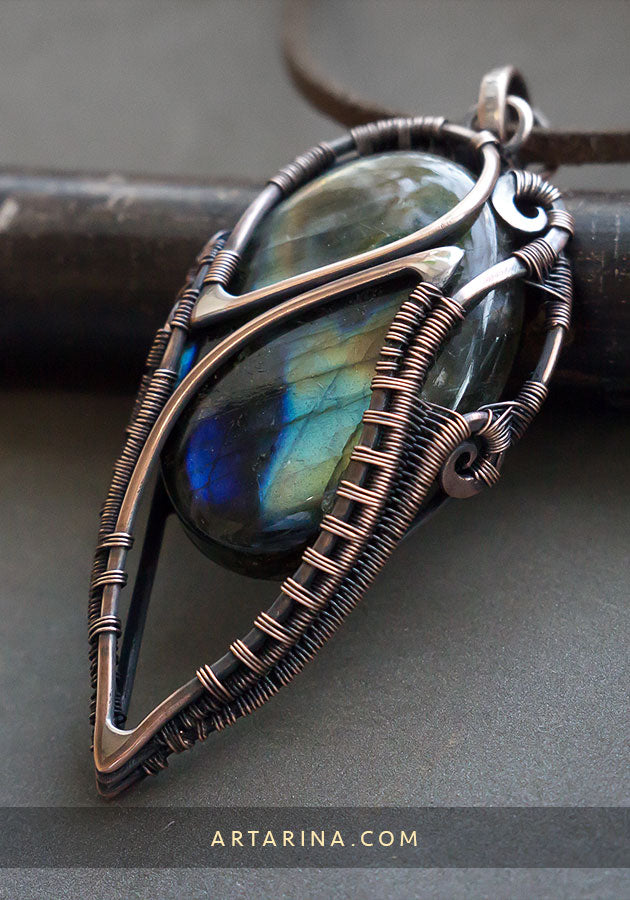 Multicolor labradorite wire wrap necklace pendant