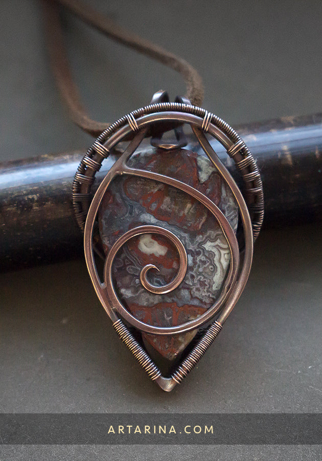 Crazy lace agate wire wrapped pendant