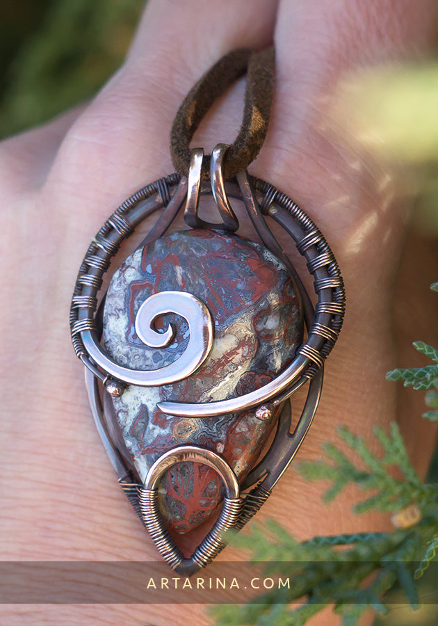 Crazy lace agate wire wrapped pendant