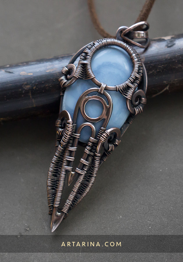 Wire Wrapped Pendant blue opal Copper Wire Filigree Wire Wrap Pendant Handmade Bohemian Tribal Jewelry Beautiful Natural Gemstone Crystal opal light blue Wire jewelry
