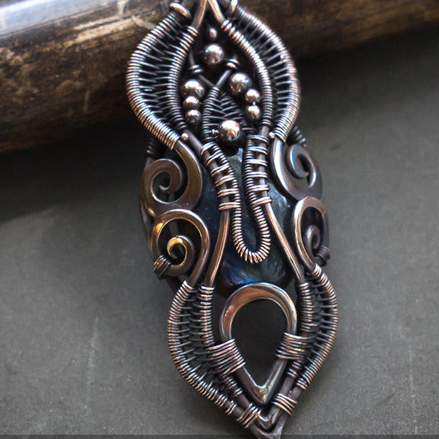 Alchemic magical necklace with stone. Secret pendulum item for sale. Laboratory of the alchemist necklace