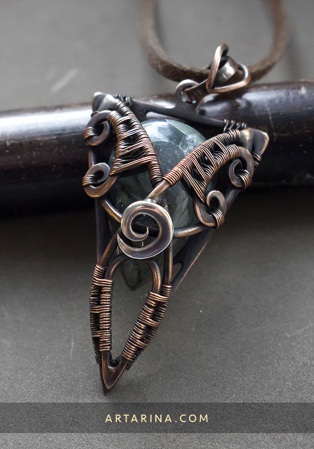 Mixed metal natural wire wrapped copper mens man triangle shaped necklace with labradorite stone Triquetra triangle necklace. Copper wirewrork pendant by artarina