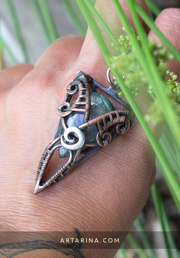 Mixed metal natural wire wrapped copper mens man triangle shaped necklace with labradorite stone Triquetra triangle necklace. Copper wirewrork pendant by artarina