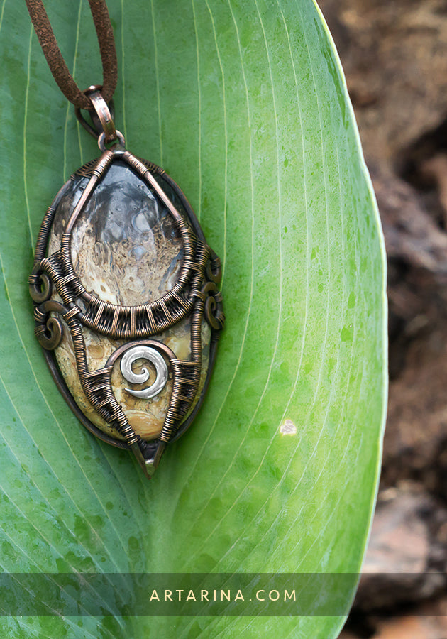 Petrified wood jewelry pendant Wire wrapped copper Petrified wood brown and black stone wirewrapped necklace by artarina