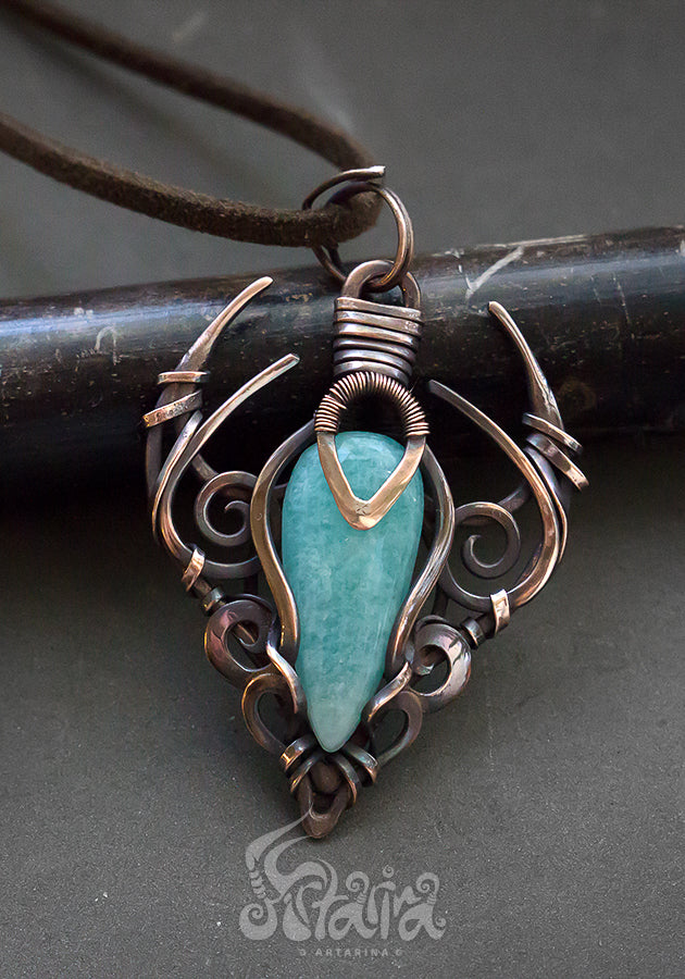 Amazonite wire wrapped copper pendant. Handcrafted unique one of a kind necklace made from pure raw copper and natural amazonite stone.