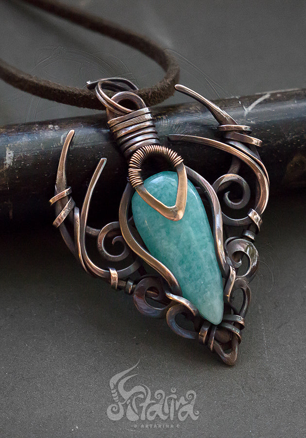 Amazonite wire wrapped copper pendant. Handcrafted unique one of a kind necklace made from pure raw copper and natural amazonite stone.