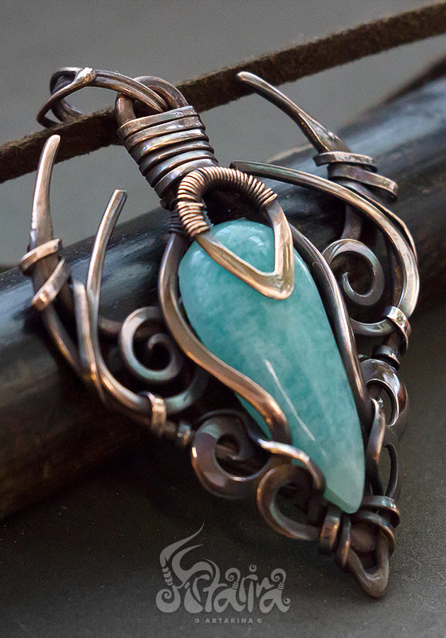 Amazonite wire wrapped copper pendant. Handcrafted unique one of a kind necklace made from pure raw copper and natural amazonite stone.