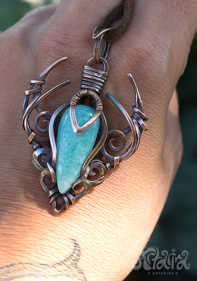 Amazonite wire wrapped copper pendant. Handcrafted unique one of a kind necklace made from pure raw copper and natural amazonite stone.