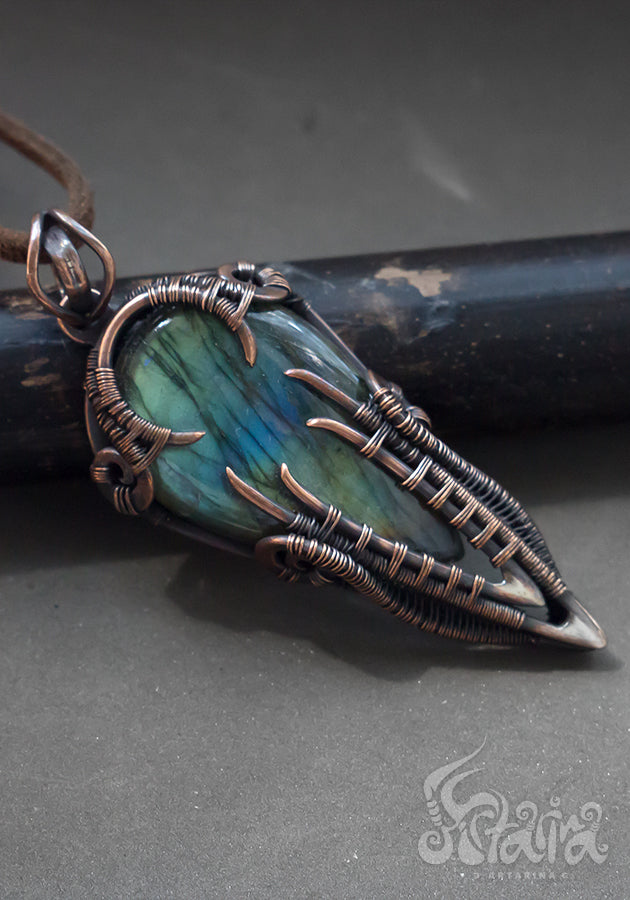 Copper wire wrapped man pendant with labradorite.