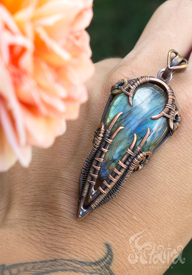 Copper wire wrapped man pendant with labradorite.