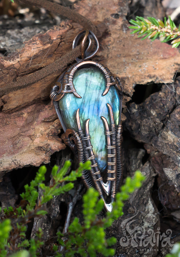 Copper wire wrapped man pendant with labradorite.