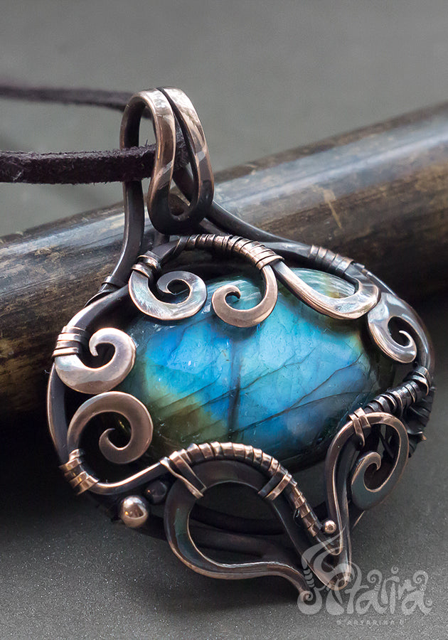 Copper wire wrapped pendant with labradorite Wire wrap pendent. Protection amulet. Wire wrapped blue stone necklace Energy spiritual protection gift unique copper designer ooak jewelry by artarina