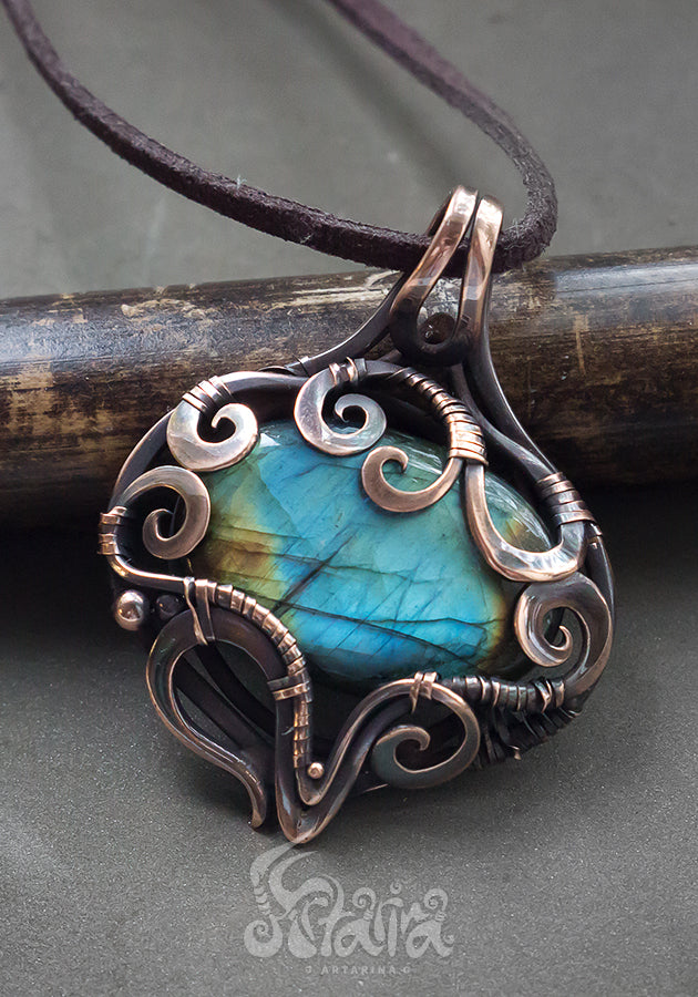Copper wire wrapped pendant with labradorite Wire wrap pendent. Protection amulet. Wire wrapped blue stone necklace Energy spiritual protection gift unique copper designer ooak jewelry by artarina