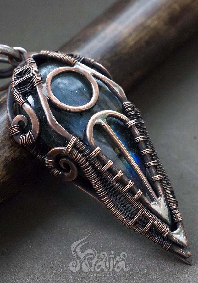 Copper wire wrapped man pendant with labradorite.