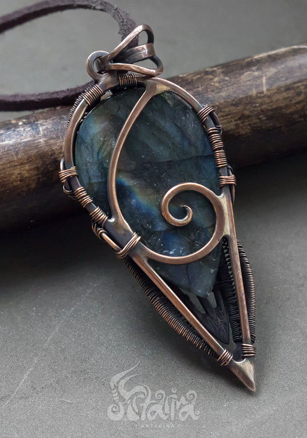 Copper wire wrapped man pendant with labradorite.