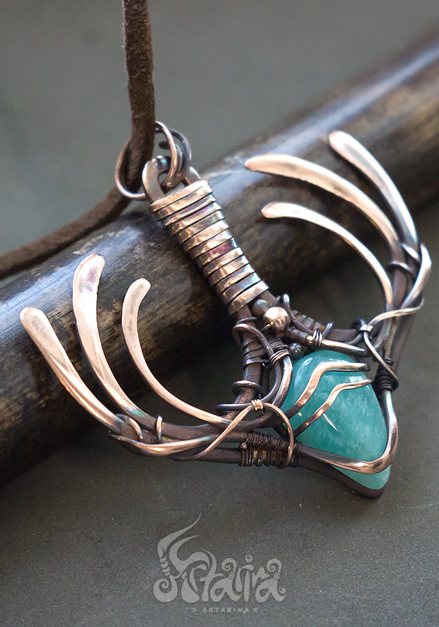 Protection amulet Wire wrapped light blue amazonite stone necklace