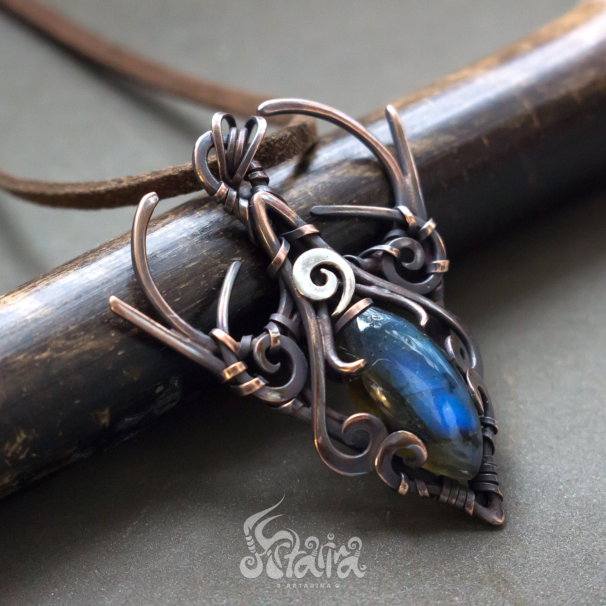 his unique and one of a kind fairy elven necklace was made in wire wrap technique from pure copper and natural light blue amazonite. This gothic elven dainty crescent moon lunula elven talisman jewelry necklace pendant