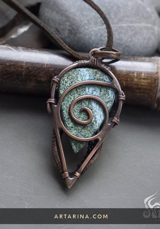 back side Copper wire wrapped handcrafted amulet pendant with green jasper gemstone.
