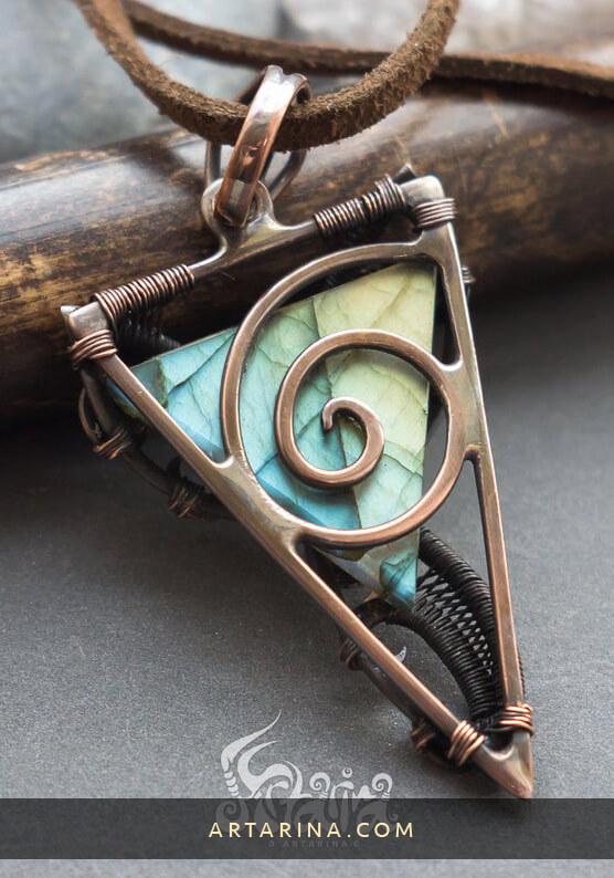 back side Copper and silver triangle celtic knot wire wrapped pendant with yellow-green labradorite