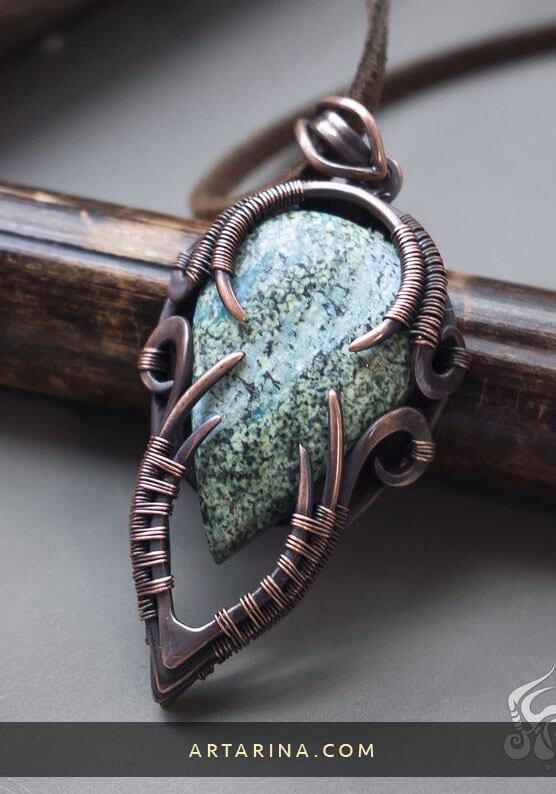 Copper wire wrapped handcrafted amulet pendant with green jasper gemstone.
