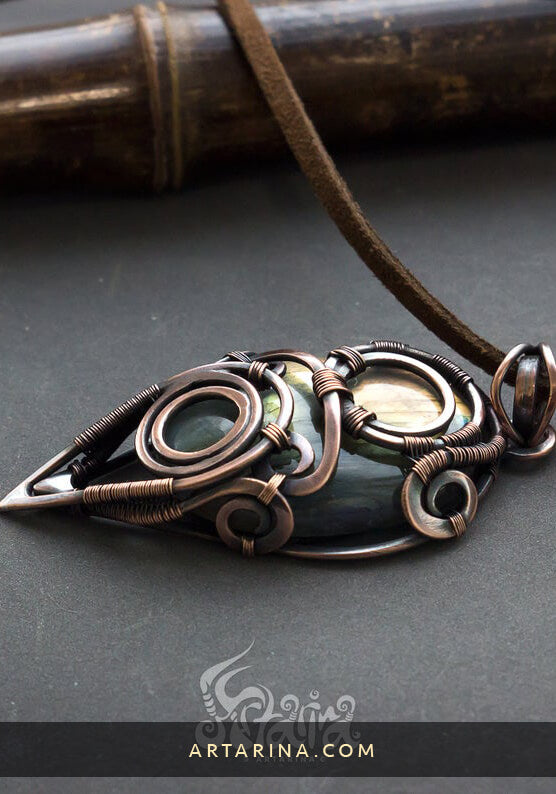copper necklace with yellow labradorite