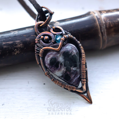 Fantasy fairy charoite necklace. Heart wire wrapped pendant