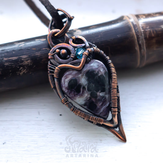 Fantasy fairy charoite necklace. Heart wire wrapped pendant