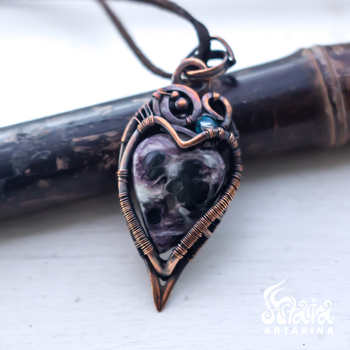 Fantasy fairy charoite necklace. Heart wire wrapped pendant